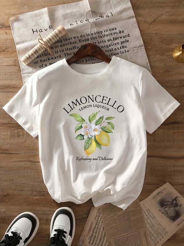 Summer Women Casual Lemon, Letters Pattern T-Shirt