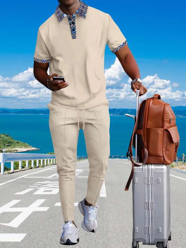 2pcs Men's Solid Plaid Polo Shirt And Fashionable Sporty Pants Set, Suitable For Casual Daily Wear In Spring
