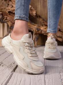 1 Pair Teens' Half-Heel Chunky Sneakers, Breathable Mesh Upper, Non-Slip Sole, Lace-Up Contrasting Color Design, Stylish & Versatile Casual Sneaker