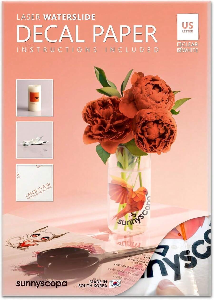 Papel para hidroimpresión Sunnyscopa para impresora LÁSER - TRANSPARENTE, tamaño carta EE. UU. 8.5"x11", 20 hojas, papel imprimible transparente para transferencia de hidroimpresión personalizada - Hazlo tú mismo para tumblers, vasos, tazas - Láser blanco - Ver 1