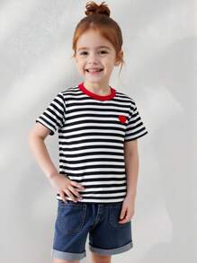 2 pezzi/set maglietta a maniche corte a righe a forma di cuore e pantaloncini di jeans per ragazze, adatto per l'estate