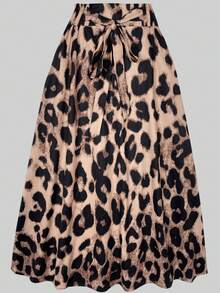 Keke Bloomly 新款时尚简约蝴蝶结豹纹长裙，优雅百搭派对束腰中长裙，适合女士穿着，情人节适用