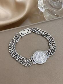 1 pieza Brazalete de cadena con cara de reloj de acero inoxidable con baño de oro y circonita con corte de diamante para mujeres: Lujo de dos capas, Eslabones de CZ, Regalo para mamá, Regalo para maestro, Esencial para playa, viajes y fiestas de verano, Accesorio para rave/baile de graduación/fiesta/diario, Joyería dorada, Regalo de vuelta a la escuela, Regalo de cumpleaños