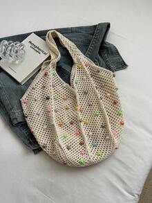 夏季新款海滩度假风格编织单肩包，女士大容量手提包 - 米色 - 查看 4