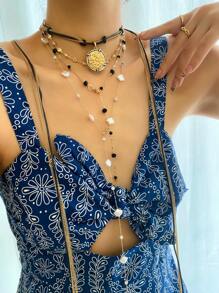 1pc Black Glass Bead, Shell, Zirconia Pendant Y-Shaped Necklace, Elegant & Sophisticated Minimalist Luxury Bling Jewelry For Daily, Date, Party, Holiday, Anniversary, Birthday Gift, Sexy & Cute