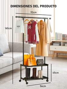 Perchero con ruedas, Perchero portátil de una varilla ajustable en altura,perchero con estante de almacenamiento inferior Perchero móvil vertical Perchero de una barra Perchero con riel doble Estante perchero, fácil de montar para ropa, cinturones, zapatos y bolsos. - Multicolor - Ver 4