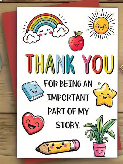 Happy Thank You Teacher Card With Envelope - Vibrant Cartoon Design Featuring Rainbow, Apple And Smiling Face, Daycare Orcare Year-End Gift