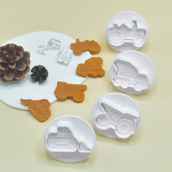 4pcs Construction Series Spring Loaded Press & Cut Molds, 3D Embossing Chocolate Cookie Mold, & Fondant Cake DIY Baking Tools