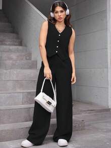 A&DD MODA, Ref: AS1431 – Women's Plain Suit, High-Waisted Straight Casual Pants, V-Neck Cardigan, Sophisticated Look, High Quality, Modern Look, Versatile Piece, Elegant Style, Two-Piece Set, Casual Chic Look, Comfortable And Stylish, Skirt With Pockets, Elastic Waistband, Eye-Catching Piece, Perfect For Spring And Summer, Blogger Style, Casual And Formal, Suitable For All Occasions, Elegant And Fresh, Feminine Look, Summer 2025 Collection. - 黑色 - 查看 5