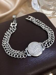 1 pieza Brazalete de cadena con cara de reloj de acero inoxidable con baño de oro y circonita con corte de diamante para mujeres: Lujo de dos capas, Eslabones de CZ, Regalo para mamá, Regalo para maestro, Esencial para playa, viajes y fiestas de verano, Accesorio para rave/baile de graduación/fiesta/diario, Joyería dorada, Regalo de vuelta a la escuela, Regalo de cumpleaños
