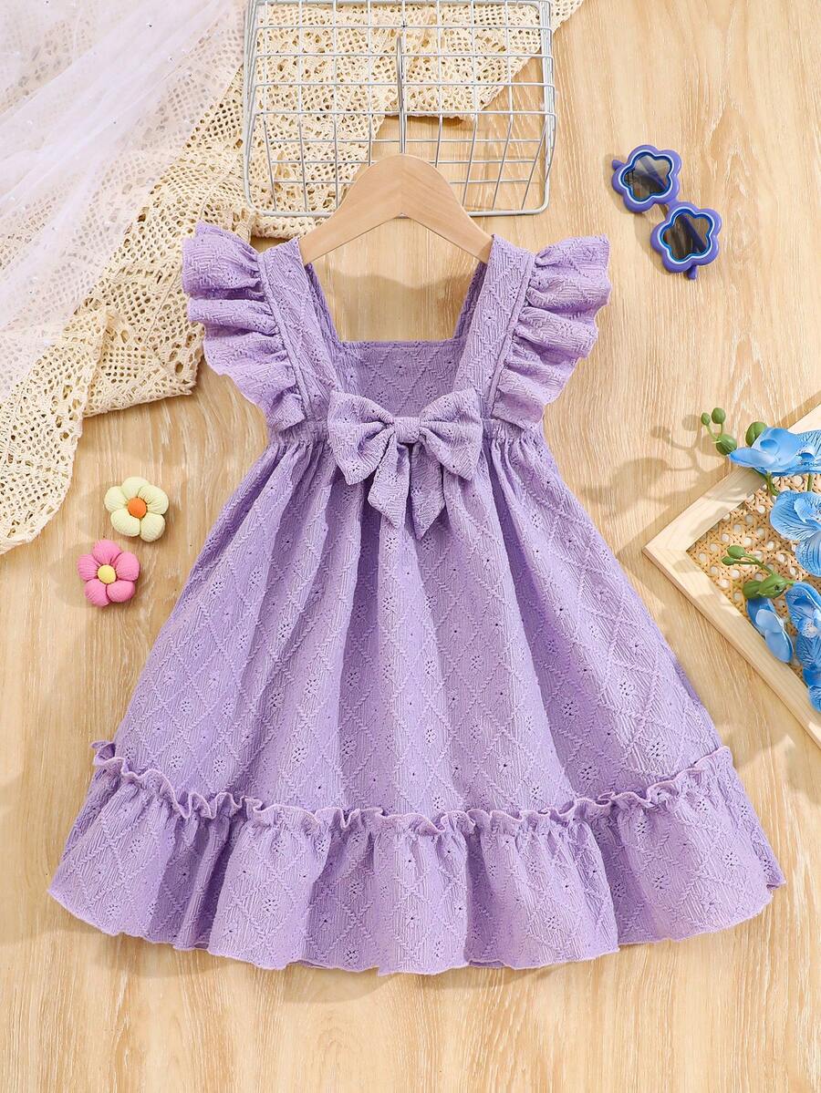 Girls' Casual Comfortable Simplistic Solid Color Bowknot Hollow Floral Embroidered Dress, Spring/Summer