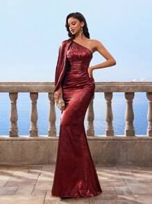Vestito da cerimonia rosso vino per donna, con spalla scoperta, vita arricciata, modesto, avvolgente, adatto per madre della sposa per occasioni serali