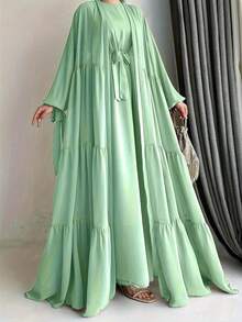 2 Stück/Set einfarbiger Laterne Ärmel geraffter langer bescheidener Morgenmantel Abaya & Kleid, Arabischer Stil - Grün - Übersicht 1