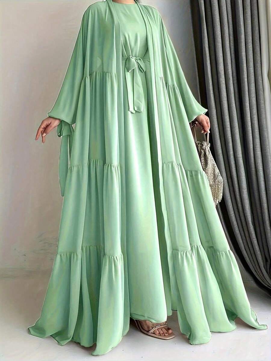 2 Stück/Set einfarbiger Laterne Ärmel geraffter langer bescheidener Morgenmantel Abaya & Kleid, Arabischer Stil - Grün - Übersicht 1