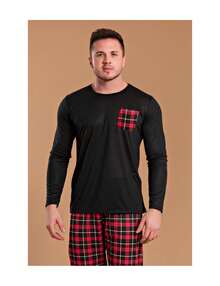 Men's Red Plaid Pocket Pajamas - 黑色 - 查看 2
