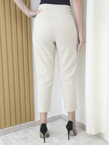 Linen Pants With High Waist Belt - Beige 2 - View 3