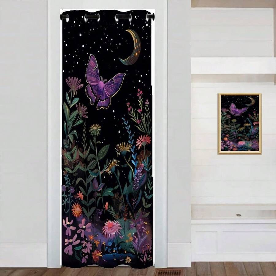 Local Warehouse, Curtains -Moth Butterfly Door Curtain For Doorway, Mushroom Moon Phase Boho Flowers Closet Door Cover Curtain For Bedroom Living Room Closet Door, 1 Panel 34" W X 80" L - 紫蛾_a47 - 查看 1