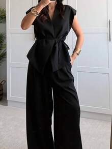 Women's Two Pieces Set V Neck Top With Belt Pleats Wide Leg Pants Trousers Elegant Female Sets Summer Women's Suit Chic Ladies - Black - View 4