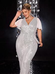 大码女式优雅亮片拼接雪纺斜襟 V 领交叉系腰荷叶边袖连身裤长裙，适合各种场合、派对、典礼