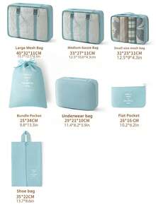 7pcs Travel Organizer Set - Waterproof Packing Cubes, Portable Luggage Bags, Clothes Storage Bags, Travel Organizer Bags, Minimalist Polyester Luggage Organizers, Travel Essentials, Toiletry Bag, Drawstring Travel Bags, Multi-Piece Travel Organizer For Men & Women, Bedroom, Dorm, Moving, Assorted Sizes Toiletry Organizer, Large Capacity Travel Bags, Waterproof Portable Organizer Bags For Clothes, Pants, Shoes, Socks, Luggage, Bohemian Style - Baby Blue - View 12