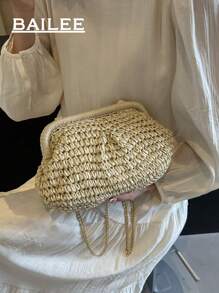 Bolso bandolera de mujer trenzado de verano con borla y cadena, bolso de playa tejido de papel con hombro, cartera hecha a mano, 1 bolso de embrague tejido de papel color beige claro para mujer, bolsas de playa, artículos esenciales de vacaciones, perfecto para vacaciones de verano, opción ideal para damas de moda