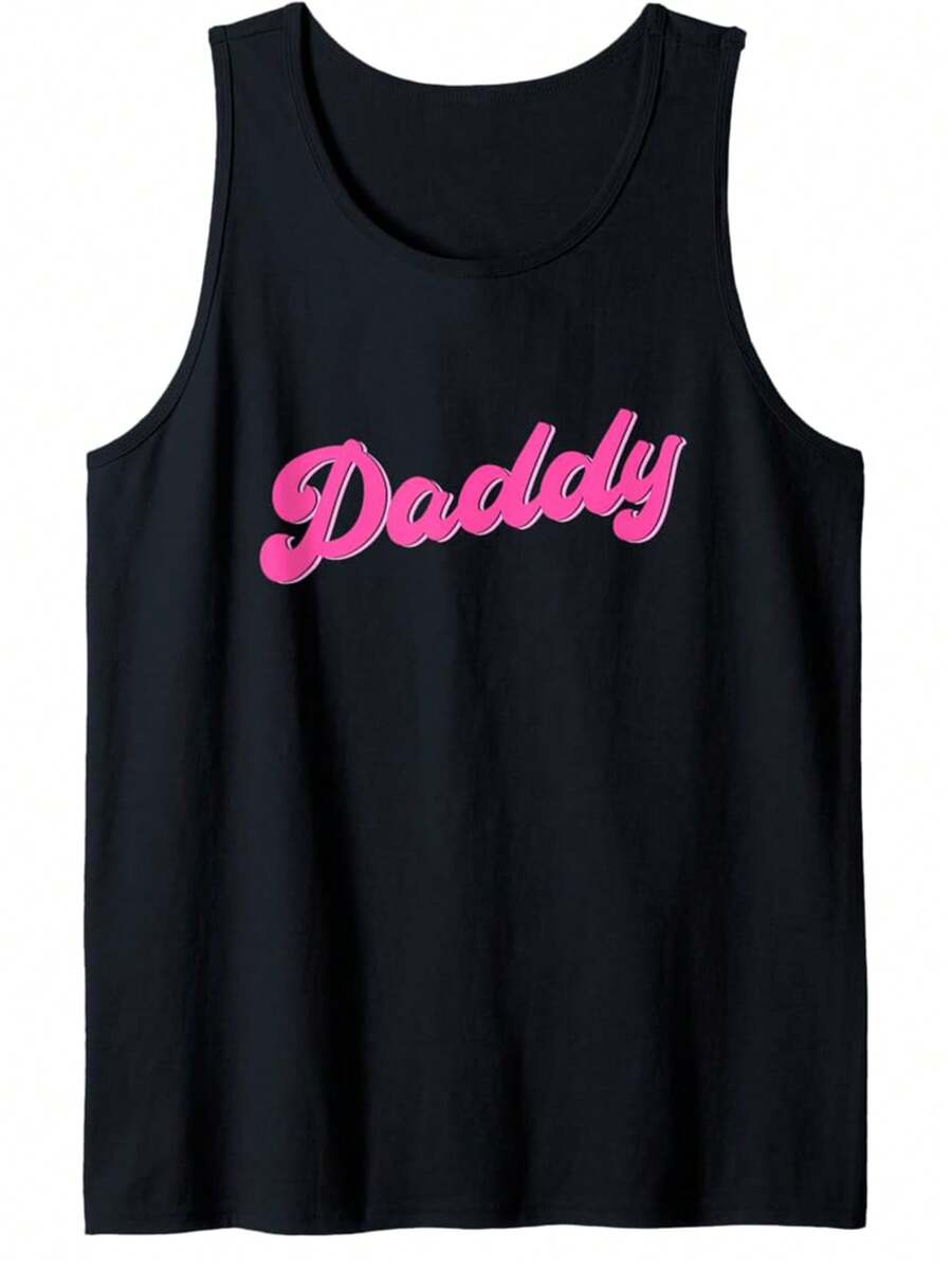 Men's Cotton Sleeveless Tank Top - "DADDY" Graphic Print, Casual Loose Fit, White With Pink Lettering, Summer Essential For Outdoor & Father's Day Gifts, Playful Design |   Medium Stretch - 黑色 - 查看 1