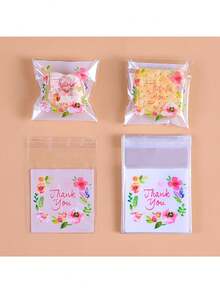 100个烘焙包装小袋，5色自粘半透明花袋，DIY礼品卡装饰袋，“谢谢”印花OPP袋，适用于派对、生日、婚礼和礼物，适用于包装和珠宝包装用品盒