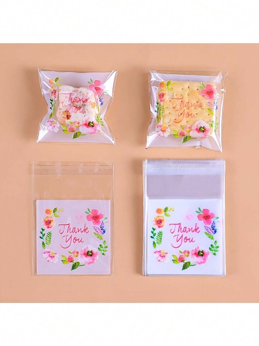 100个烘焙包装小袋，5色自粘半透明花袋，DIY礼品卡装饰袋，“谢谢”印花OPP袋，适用于派对、生日、婚礼和礼物，适用于包装和珠宝包装用品盒