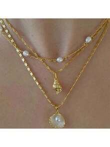 1 件多层仿珍珠和贝壳吊坠项链，波西米亚风格扁平蛇链项链，女士百搭海滩度假项链配饰