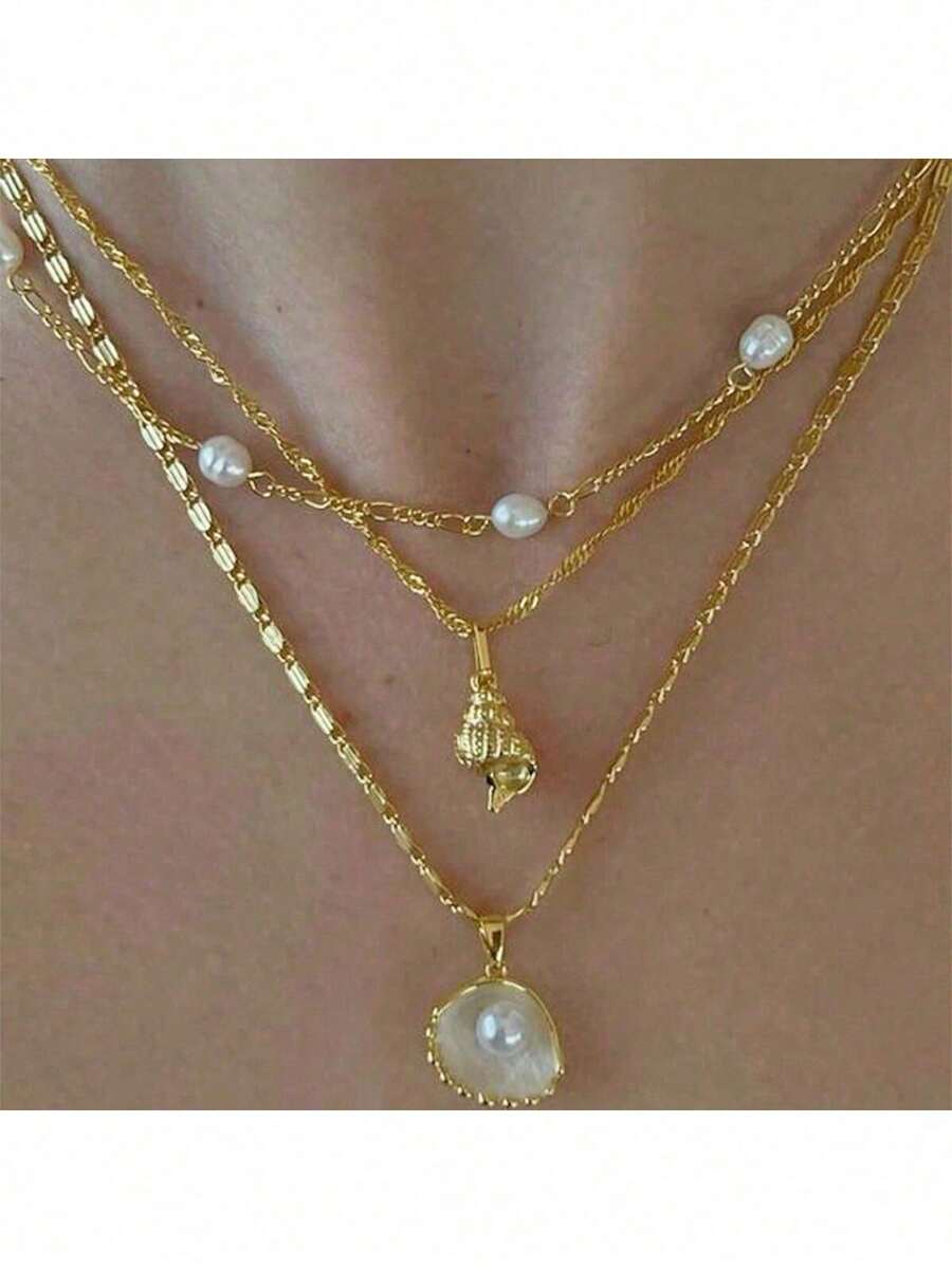 1 件多层仿珍珠和贝壳吊坠项链，波西米亚风格扁平蛇链项链，女士百搭海滩度假项链配饰
