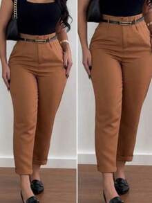 Tailored Pants With Carrot-Style Belt, ZA Type - Rust Brown - View 2