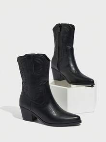 Women's Western Style Pointed Toe Zipper Ankle Boots, Embroidered Low Heel Casual Comfortable Elegant High Heel Boots, Black Classic Design, Autumn/Winter - Black - View 5