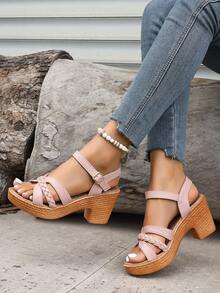 女士时尚百搭休闲舒适带扣厚底性感粗跟凉鞋，适合沙滩穿着 - 粉色 - 查看 3