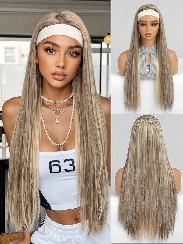 26Inch Hairband Wig Golden Mixed Color Long Hair Style. Beautiful, Sexy, Daily Wig For Fashionable Ladies