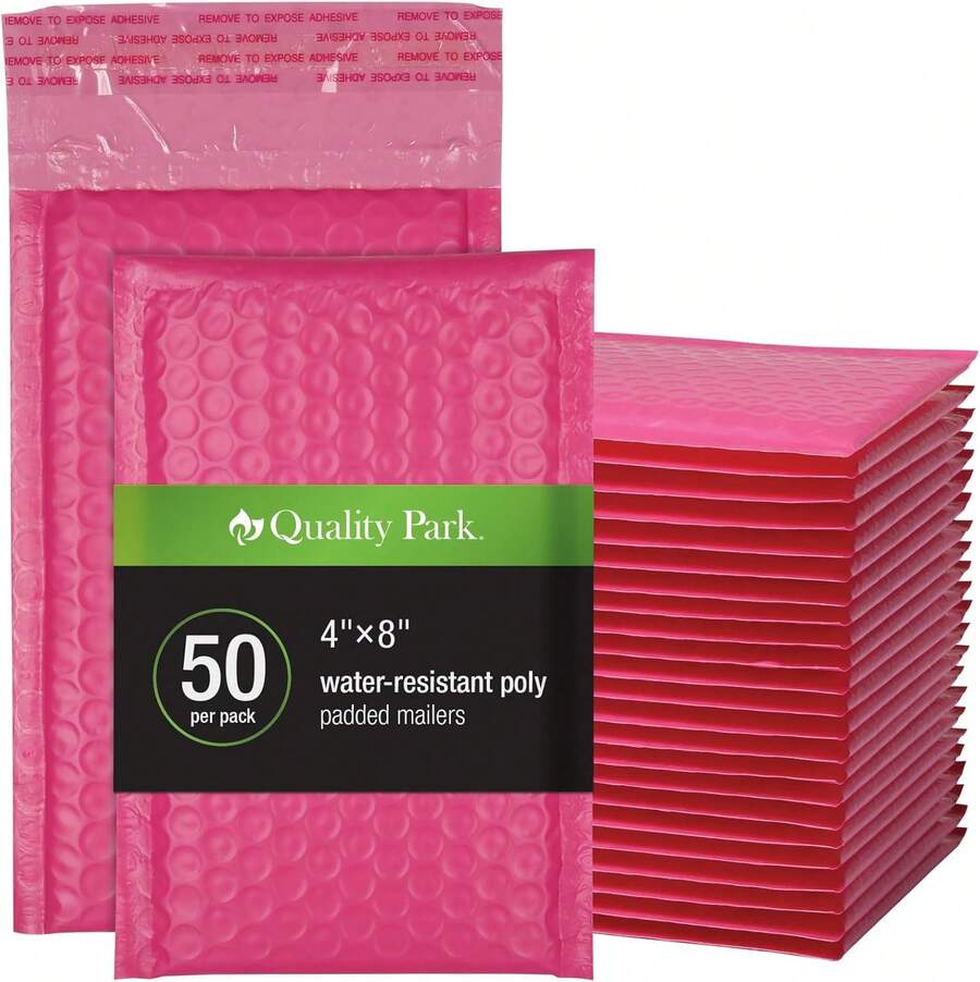 Quality Park Bubble Mailers, 6 X 9 Inch, White Poly Mailers, Padded Envelopes, Shipping Envelopes, Water Resistant, Self Seal, 50 Per Box (QUA85856), Plastic Back To School - Pink - View 1