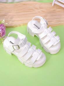 1 Pair Girls White Woven PU Breathable Open Toe Mid-Top Strap Flat Casual Sandals, Suitable For Daily Wear/Summer - White - View 2