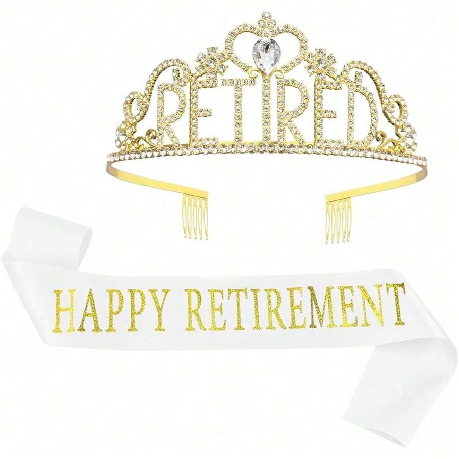 New  Retirement Party Drations Retired Tiara/Crown, Retired Sash For Women Retirement Gifts, Retirement Party Pli, Gifts, Favors (Gold) - Gold - View 1
