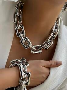 2pcs Punk Exaggerated CCB Chunky Chain Bracelet And Necklace Set, Suitable For Dating, Holiday, Daily Outfit, Party Gift - Silver - View 12