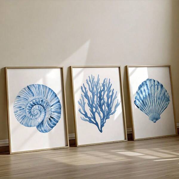 Set di 3 stampe su tela, senza cornice, di arte murale estiva costiera, con motivi minimalisti acquerellati, con coralli e nautili, in stile nautico boho, per dormitori, soggiorno, camera da letto, decorazione moderna per la casa, arredamento per case al mare