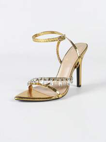 Women's Diamond Chain Rhinestone Criss-Cross Ankle Strap Pointed Toe Stiletto High Heel Sandals, Sexy Fashion Party Shiny Elegant High-End Gathering Banquet Silver Heels