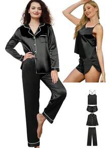 4Pcs Womens Silk Pajama Sets Satin Pajamas Set Sexy Cami Lingerie Pjs Nightwear Silky Pj Loungewear Sleepwearhalloween - 黑色 - 查看 1