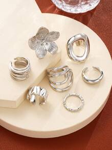 Set de 12/7 piezas de anillos de joyería gruesos y geométricos de estilo vintage con flores de metal simple, adecuados para vacaciones, playa, citas, uso casual diario y fiestas