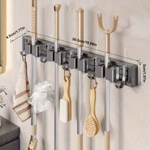 1pc Wall-Mounted Metal Broom Holder Rack With Adjustable Hooks, Suitable For Bathroom, Kitchen, Garden, Laundry Room, Garage Storage Organizer - Powder Coated Surface, Space-Saving Rack For Broom, Mop, Tools, Shelves