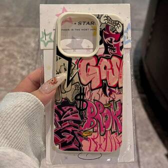 1 pieza Funda de teléfono con patrón de letras rosadas de estilo graffiti de material TPU compatible con Apple/Teléfonos