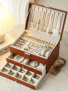 3-Layer Large Capacity Jewelry Storage Box, Portable Jewelry Storage Box, Dressing Table With Drawer Jewelry Storage Box, Gift Leather Jewelry Box, Exquisite Display Packaging Storage Container Back To School Dormitory Storage - 彩色 - 查看 12