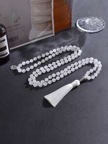 108 珠 8 毫米白玉念珠项链 - 波西米亚复古男女通用冥想祈祷珠宝，带结，适合日常佩戴、瑜伽和精神珠宝 - 白色 - 查看 3