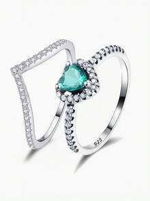 2pcs 925 Sterling Silver Green Deep V-Shaped Heart Earrings, Suitable For Daily Wear, Delicate Jewelry Gift For Women, Ideal For Dates