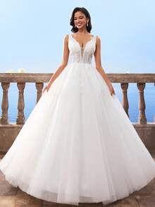 Elasola HEARBOBO 夏季深V领白色蕾丝贴花订婚优雅A字教堂婚礼礼服新娘优雅 - 白色 - 查看 8