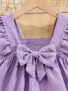 Girls' Casual Comfortable Simplistic Solid Color Bowknot Hollow Floral Embroidered Dress, Spring/Summer - Purple - View 7