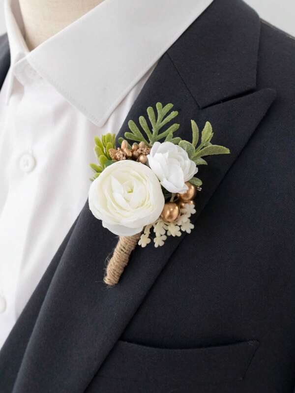 1pc Artificial Flower Gold & White Boutonniere, Bohemian Wedding Accessory For Groom, Groomsmen, Suitable For Graduation Prom, Anniversary, Formal Evening, Men's Suit Pin